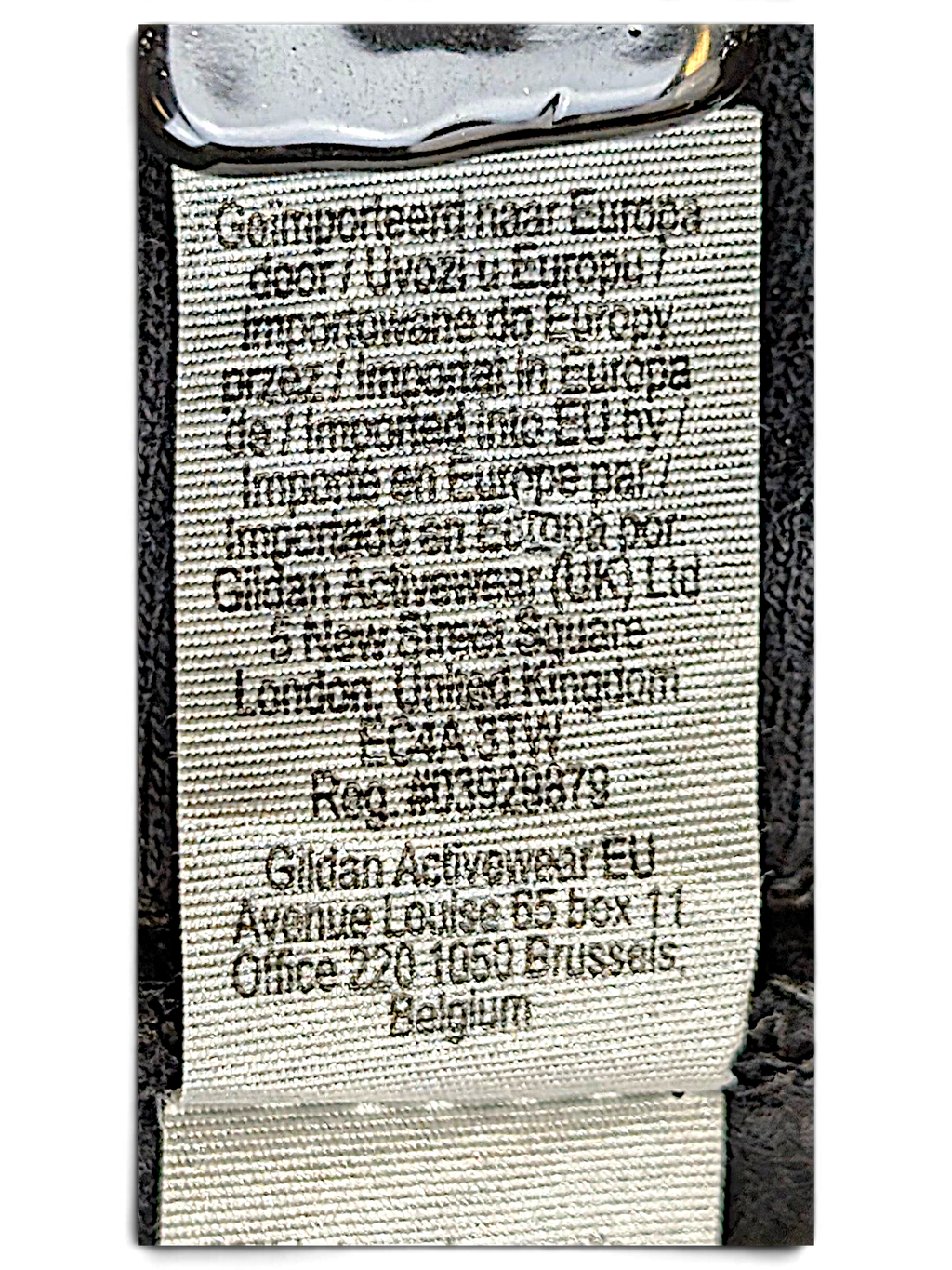 JAKE & IPI black hoodie garment care label with Gildan manufacturing details and fabric composition