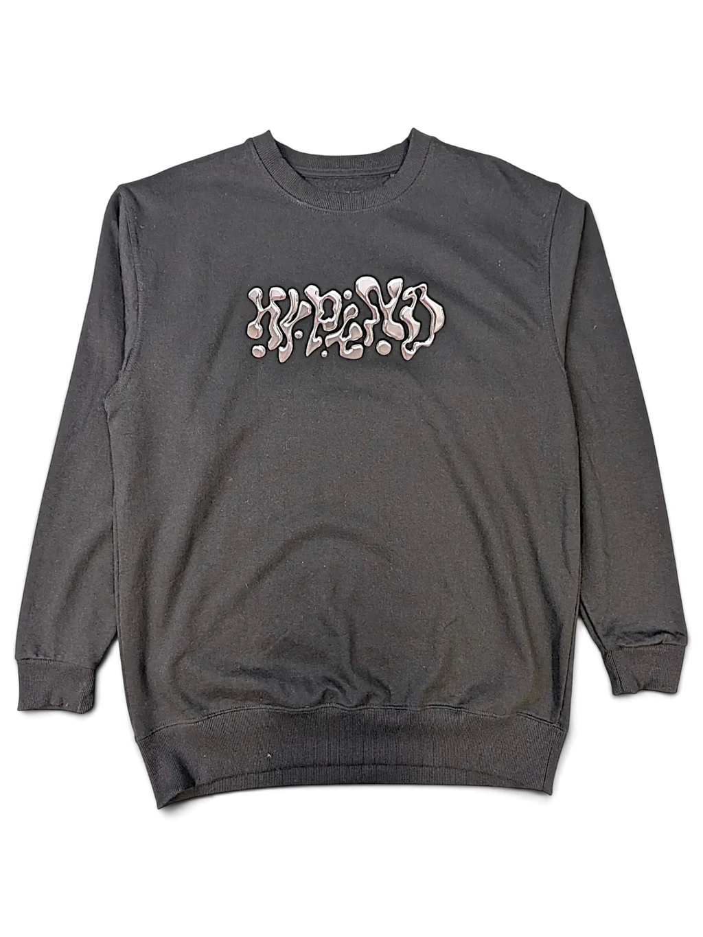JAKE & IPI black crewneck sweatshirt featuring a metallic liquid-style Hypend graphic on the chest.