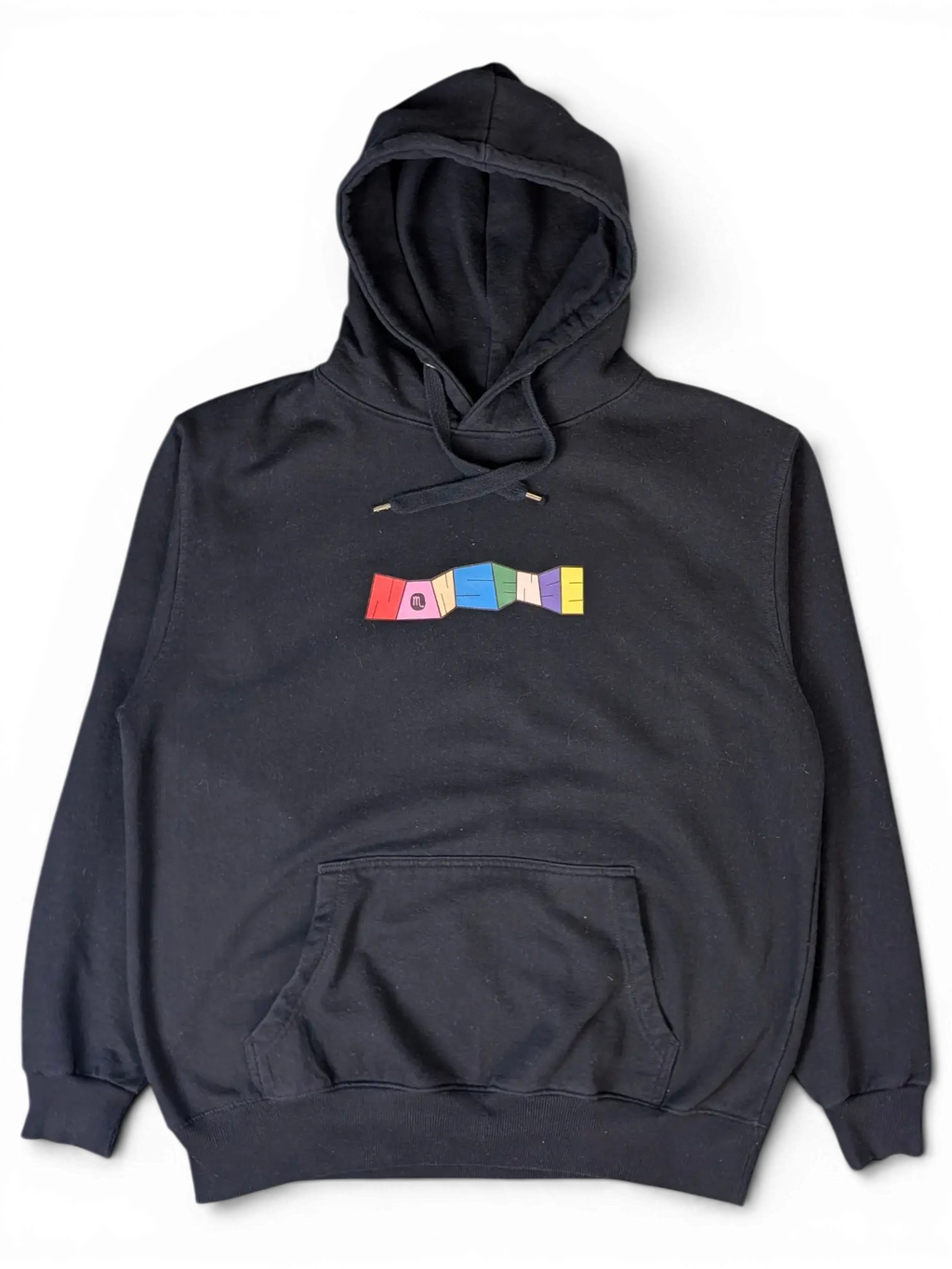 JAKE & IPI black hoodie featuring a colorful IBE Personal Nonsense graphic on the chest with a front kangaroo pocket.