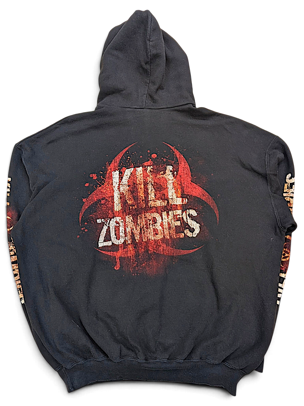 JAKE & IPI black hoodie featuring a red biohazard symbol and Kill Zombies graphic on the back
