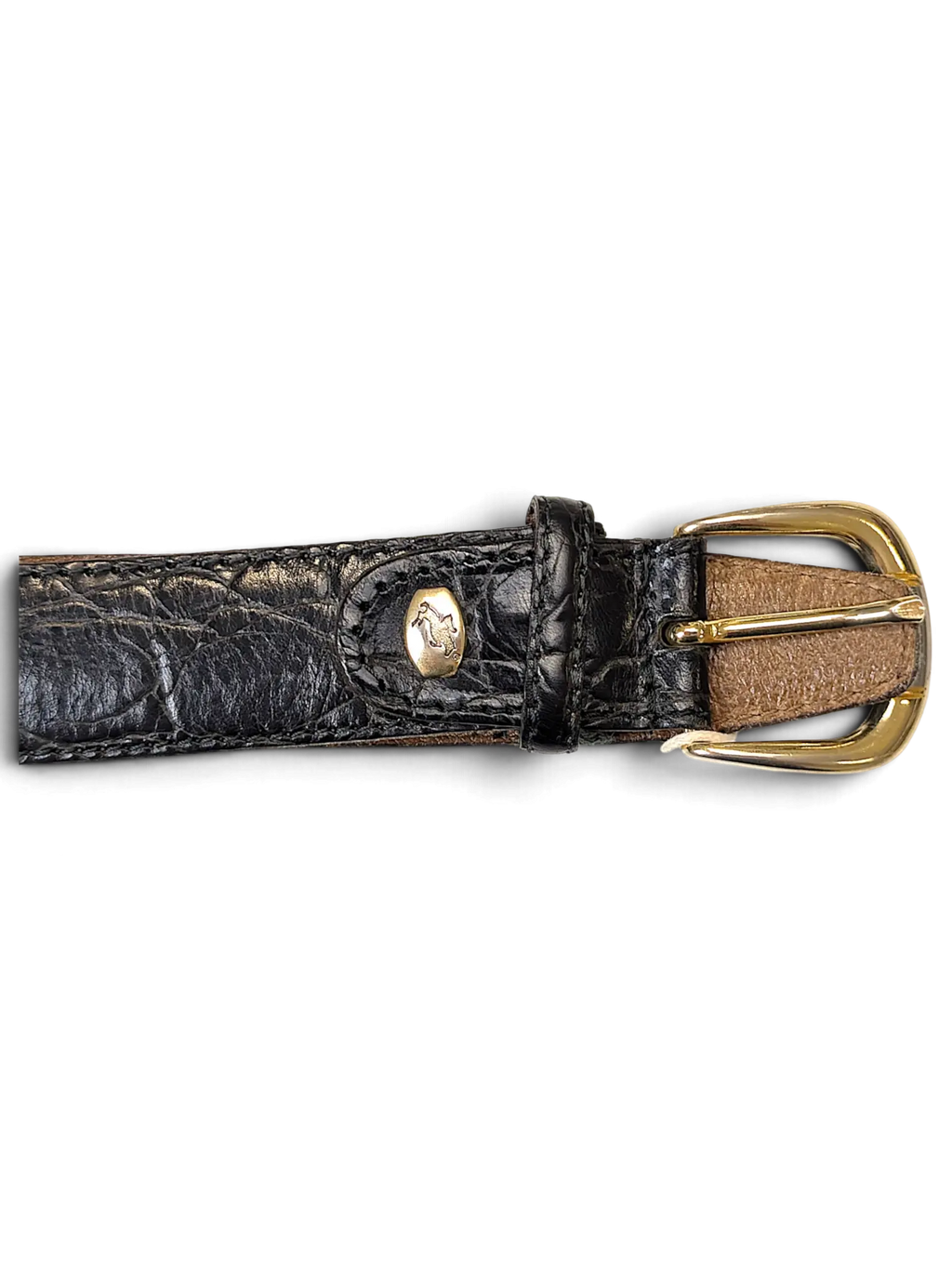 JAKE & IPI black leather belt featuring a textured animal print, gold-tone buckle, and a small gold logo emblem.