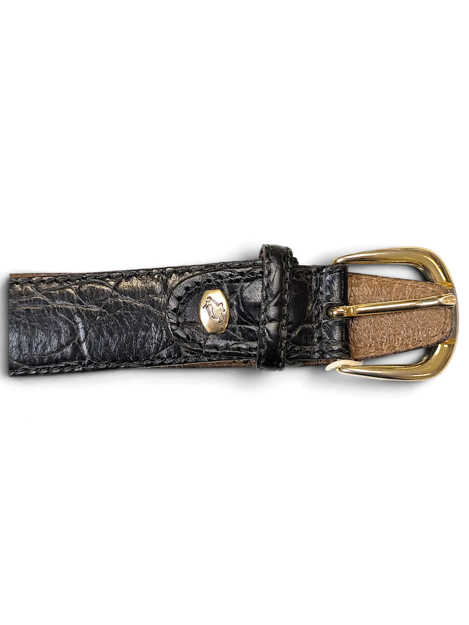 JAKE & IPI black leather belt featuring a textured animal print, gold-tone buckle, and a small gold logo emblem.