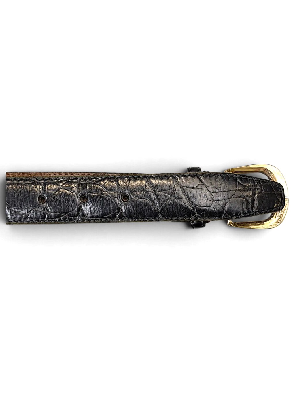 JAKE & IPI black leather belt featuring a textured animal print pattern and a polished golden buckle.