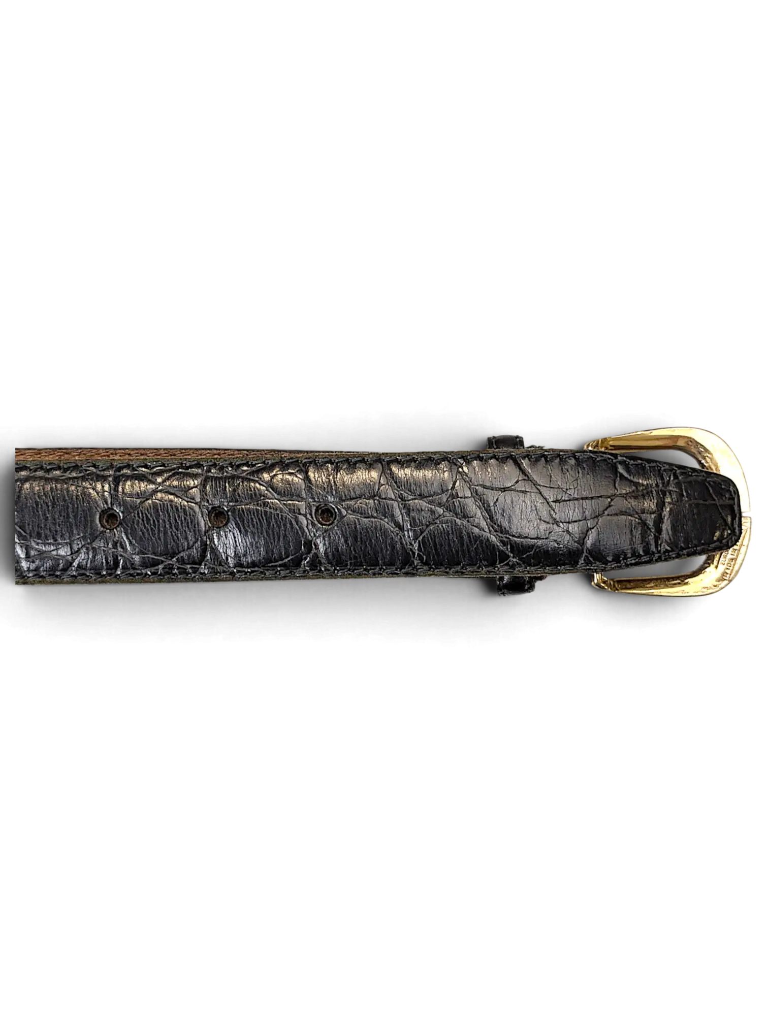JAKE & IPI black leather belt featuring a textured animal print pattern and a polished golden buckle.