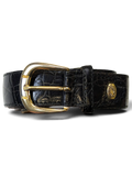 JAKE & IPI black leather belt featuring a textured animal print pattern and a polished golden buckle.