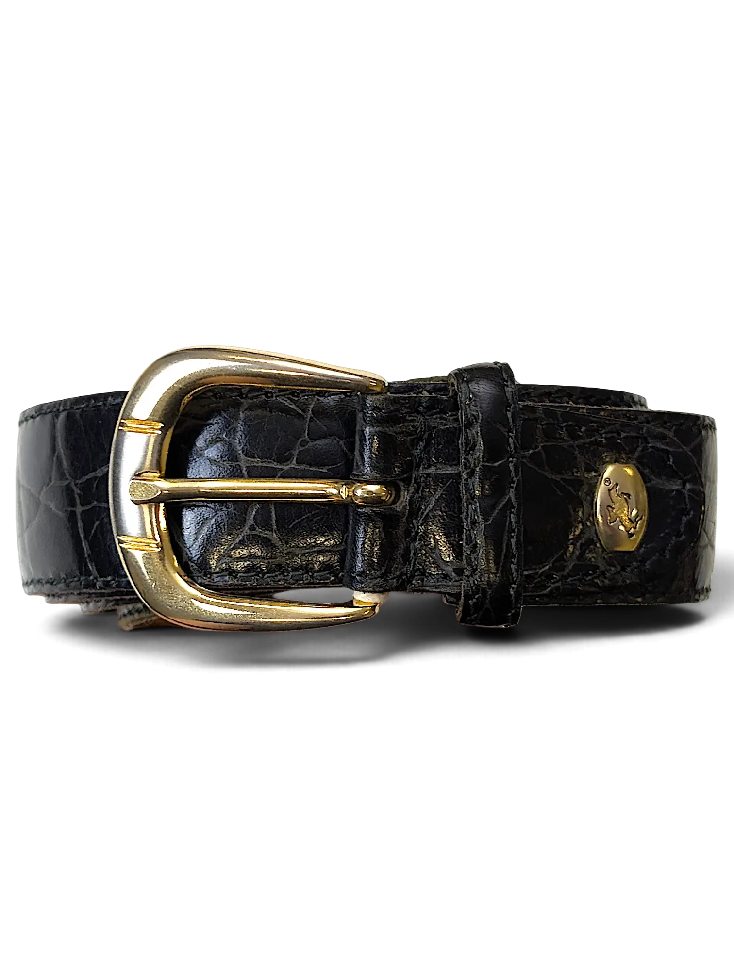 JAKE & IPI black leather belt featuring a textured animal print pattern and a polished golden buckle.