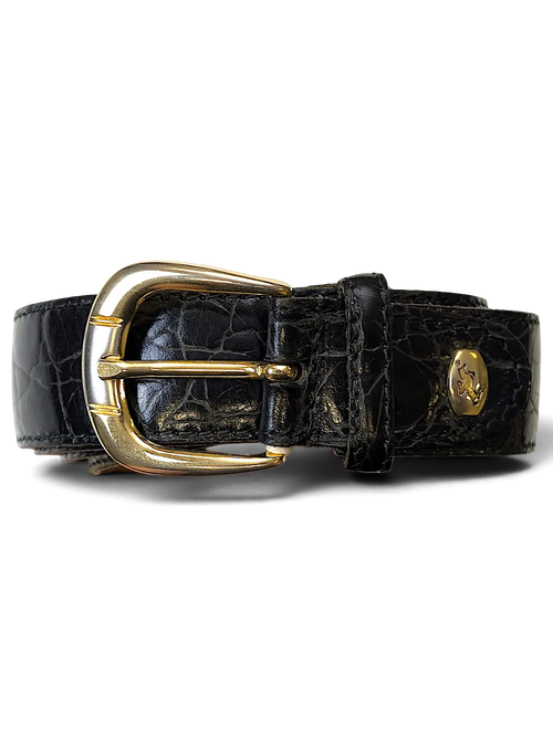 JAKE & IPI black leather belt featuring a textured animal print pattern and a polished golden buckle.