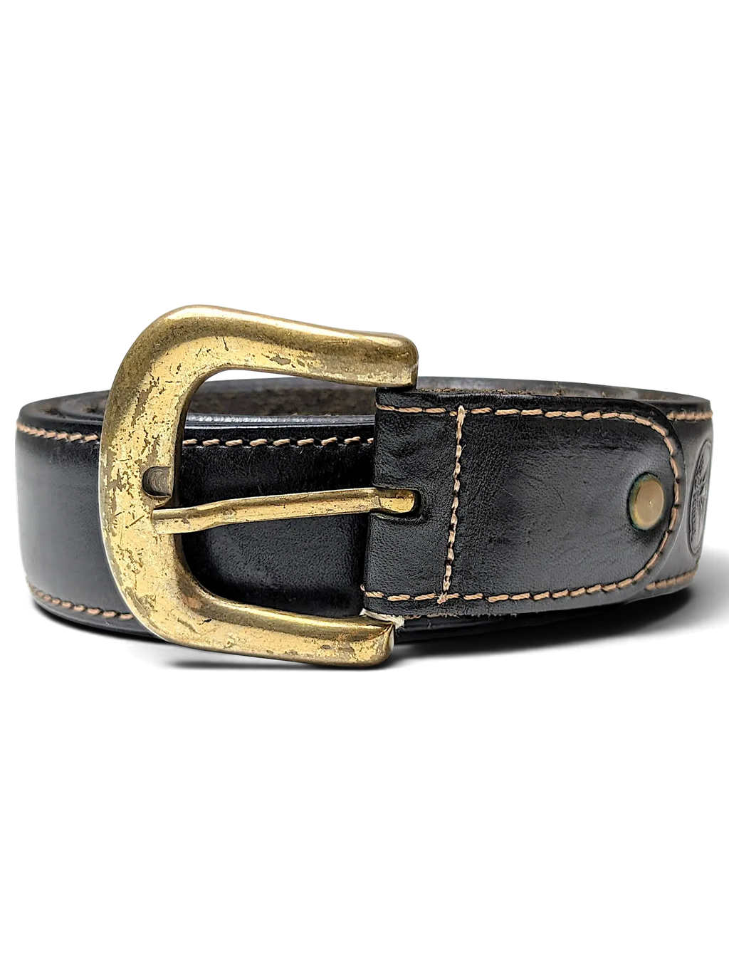 JAKE & IPI Angelo Litrico black leather belt with a distressed brass buckle and contrast stitching