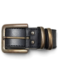 JAKE & IPI black leather belt featuring a rustic brass-toned buckle and double loops, handcrafted in France.