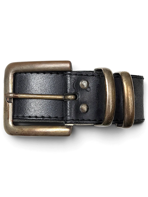 JAKE & IPI black leather belt featuring a rustic brass-toned buckle and double loops, handcrafted in France.