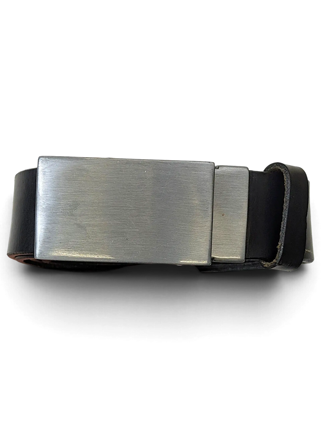JAKE & IPI black leather belt featuring a brushed silver rectangular metal buckle held in a hand