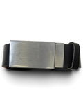 JAKE & IPI black leather belt featuring a brushed silver rectangular metal buckle held in a hand
