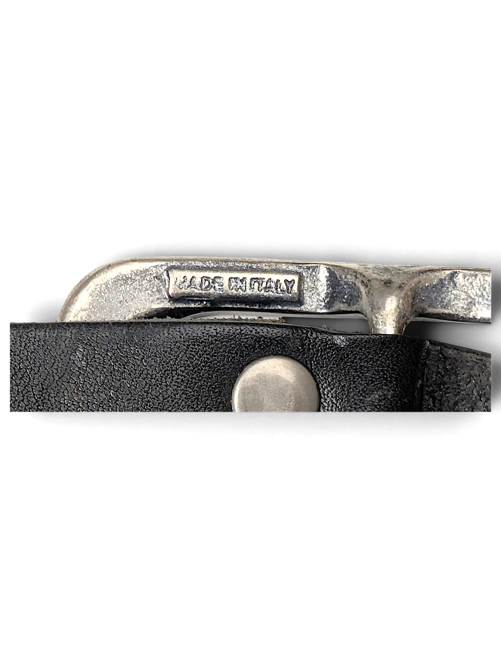 JAKE & IPI black leather belt featuring a silver metal buckle with Made in Italy engraving