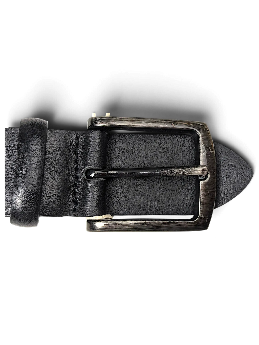 JAKE & IPI LLOYD black leather belt featuring a distressed dark metal buckle and classic pin closure
