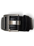 JAKE & IPI black leather belt featuring a modern gunmetal rectangular buckle and textured strap