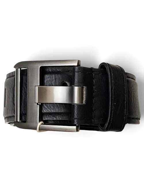 JAKE & IPI black leather belt featuring a modern gunmetal rectangular buckle and textured strap