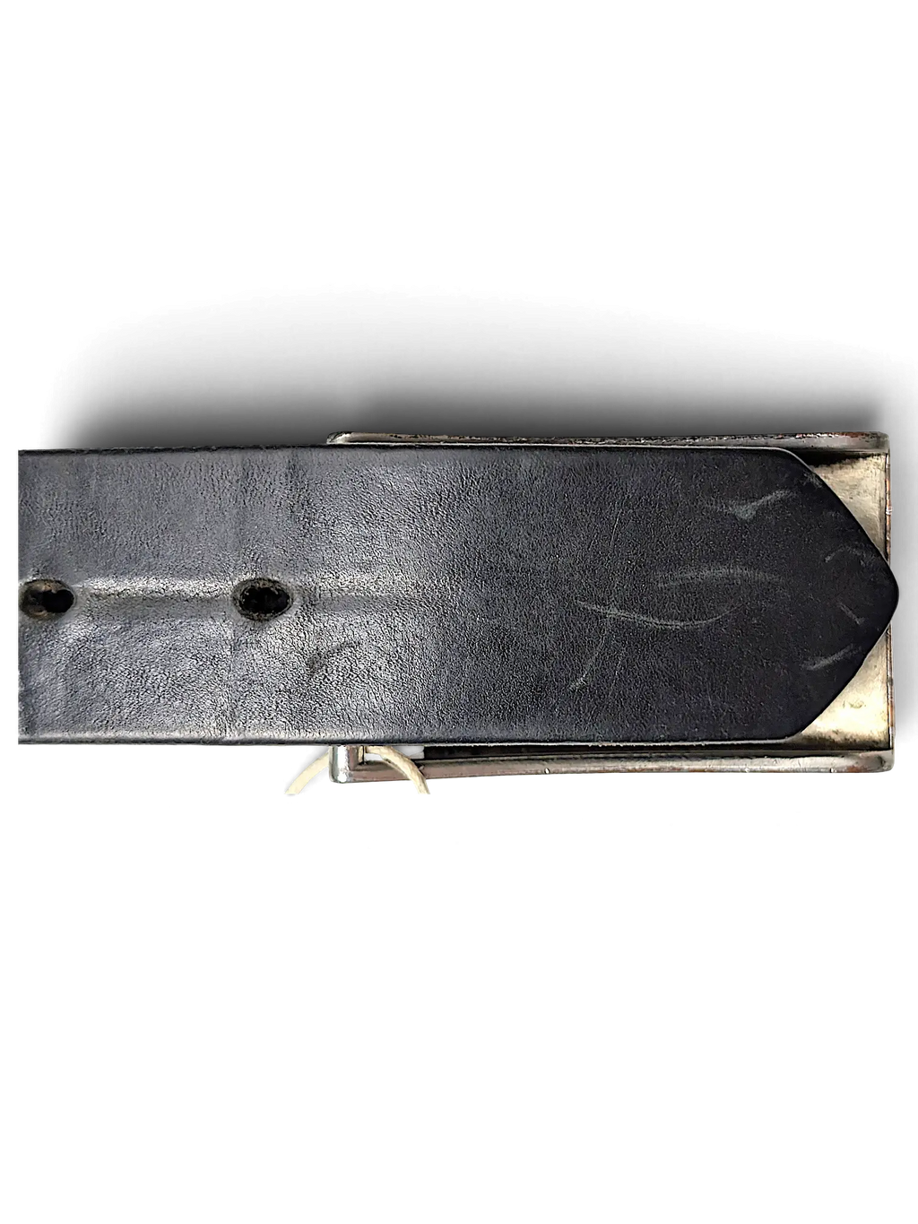 JAKE & IPI Conwell David black leather belt with a silver metal buckle, shown in a close-up studio shot.