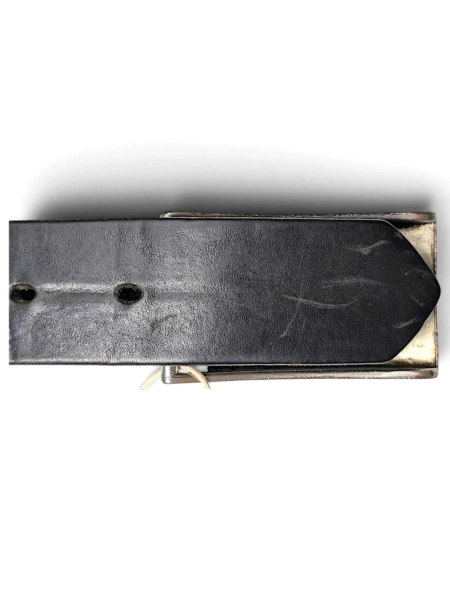 JAKE & IPI Conwell David black leather belt with a silver metal buckle, shown in a close-up studio shot.