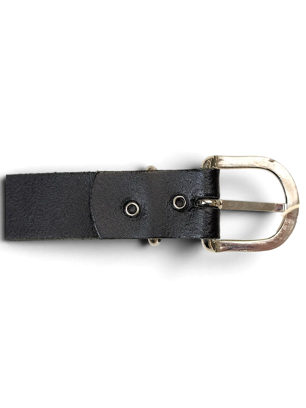 JAKE & IPI black leather belt featuring a silver-toned metal buckle and reinforced eyelet holes.