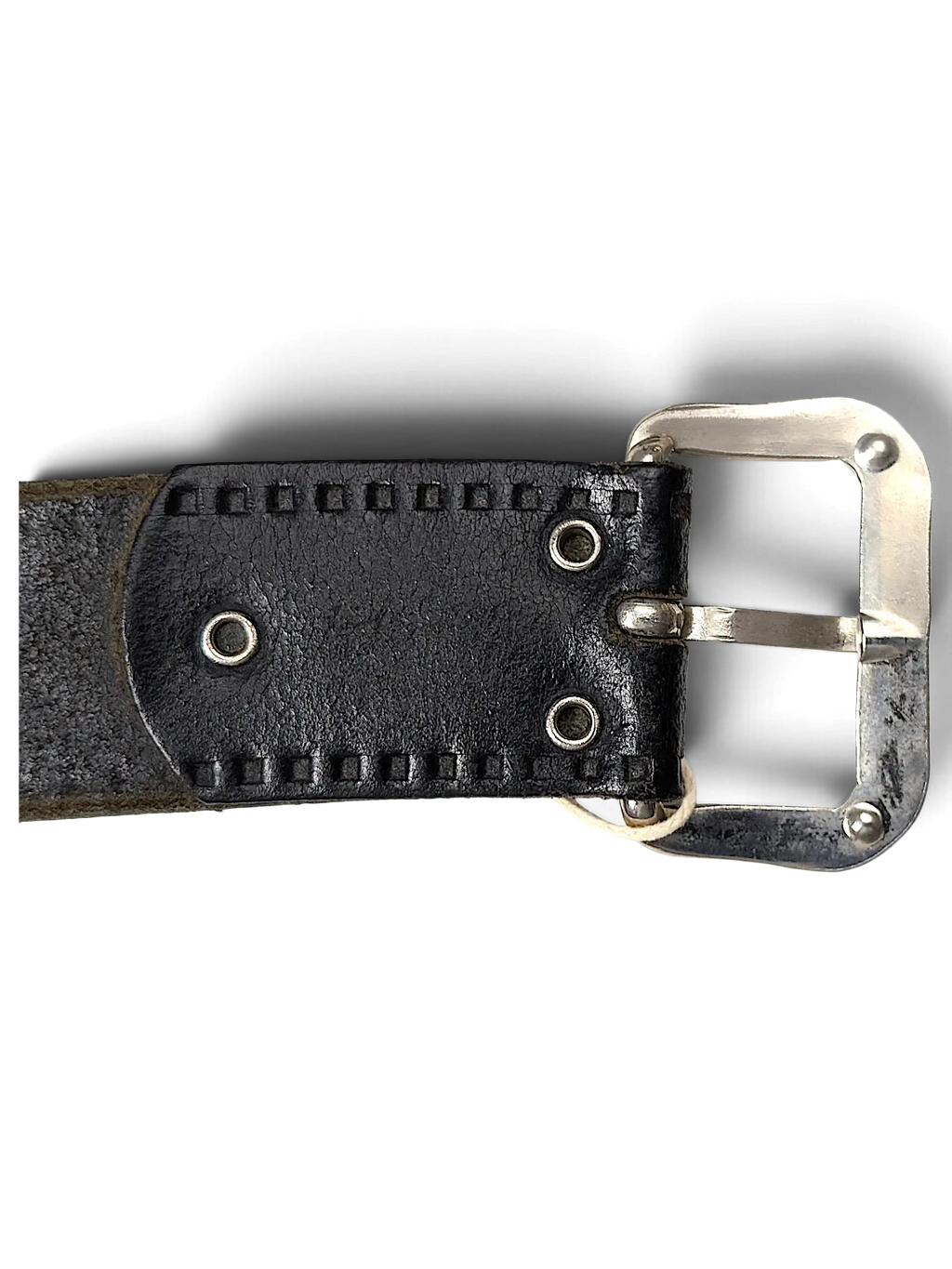 JAKE & IPI black leather belt featuring a silver metal buckle and decorative stitched border detail.