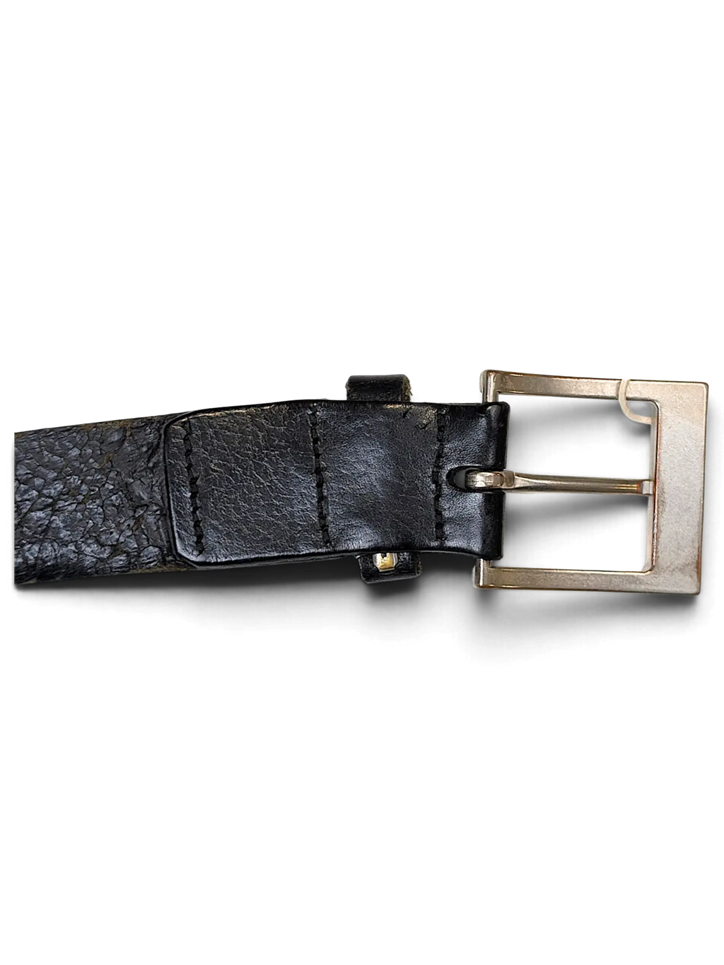 JAKE & IPI Konfection black textured leather belt with a silver square buckle and attached price tag