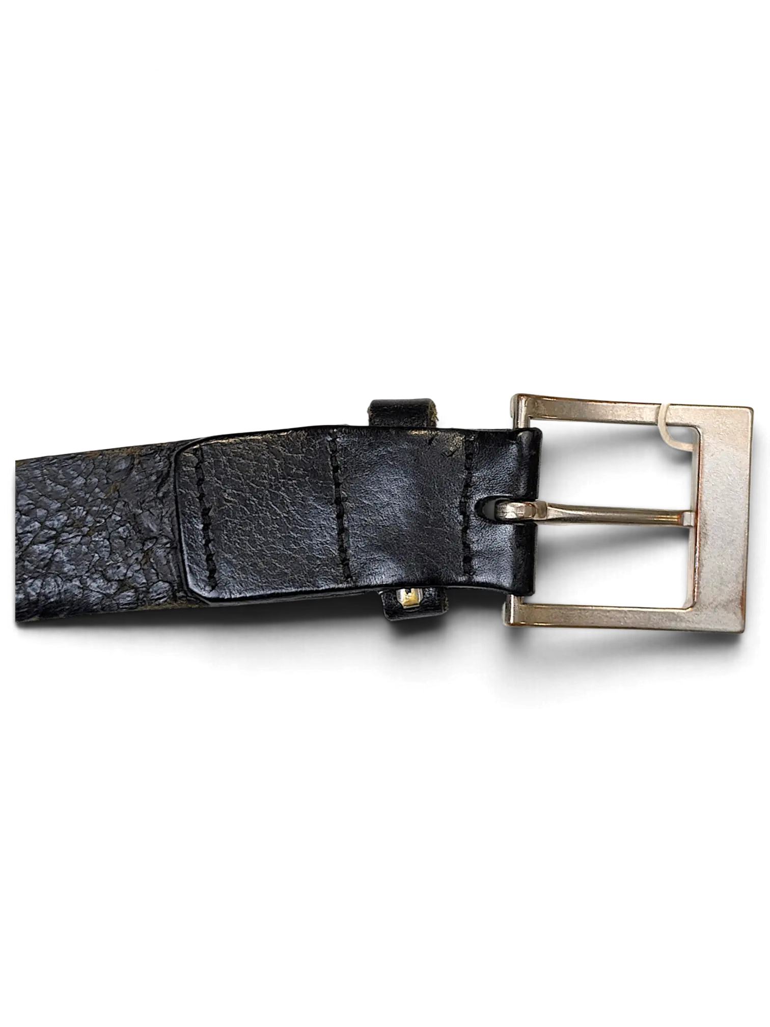JAKE & IPI Konfection black textured leather belt with a silver square buckle and attached price tag