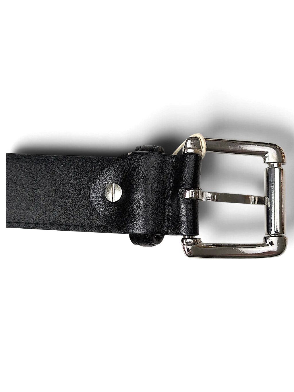 JAKE & IPI Luigi Lamberto black leather belt featuring a polished silver metal buckle and a sturdy screw detail.