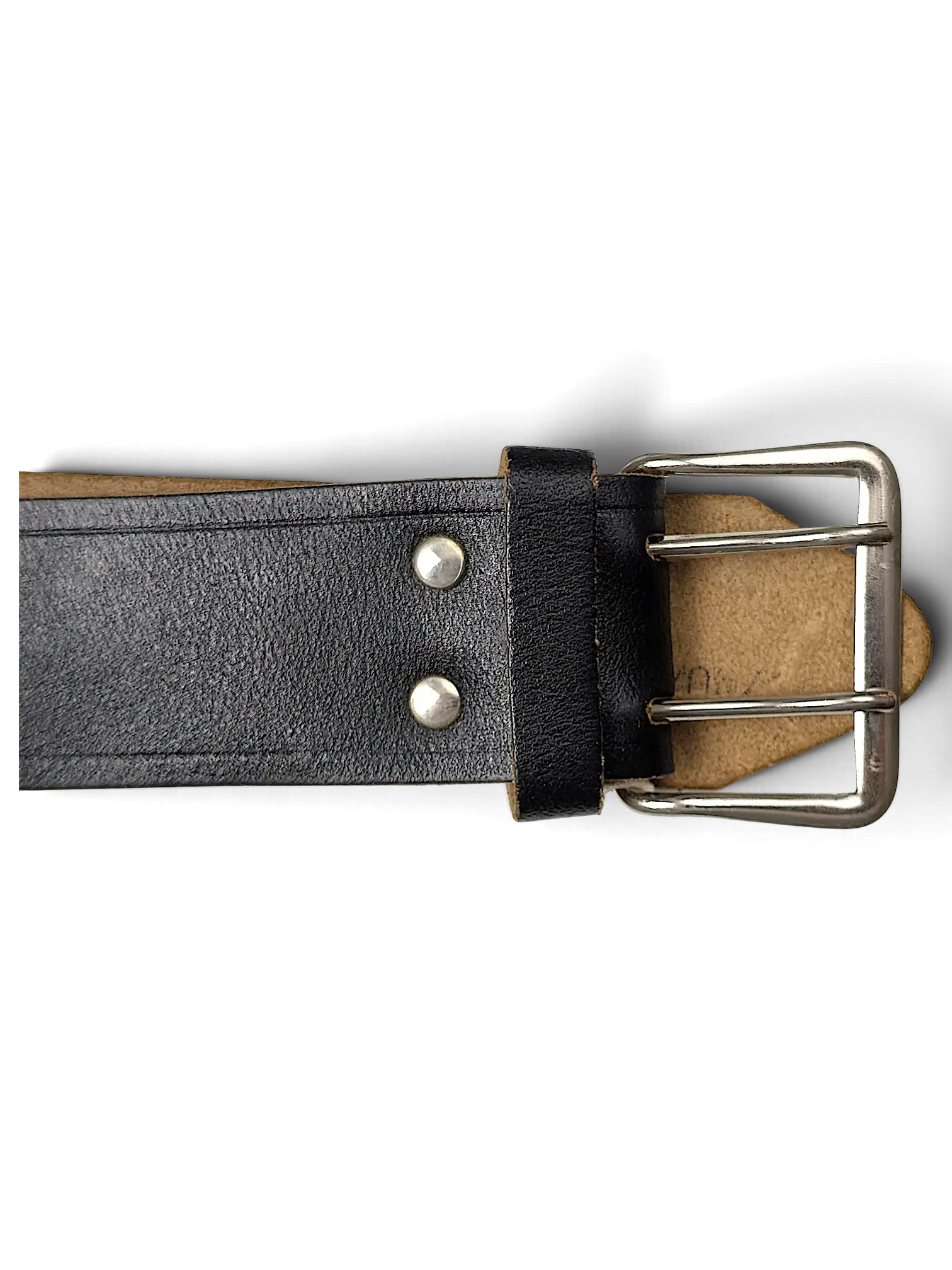 JAKE & IPI black leather belt featuring a double prong silver metal buckle and reinforced rivet detailing.