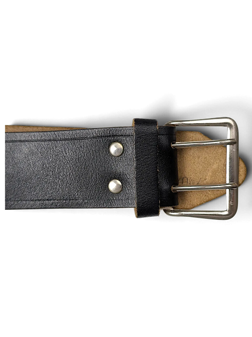 JAKE & IPI black leather belt featuring a double prong silver metal buckle and reinforced rivet detailing.