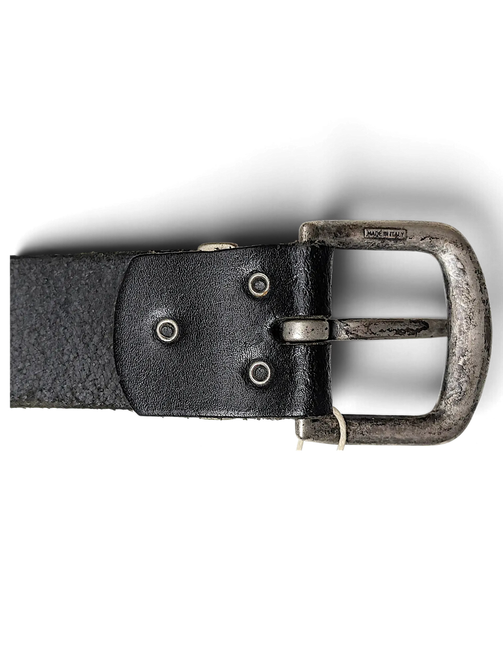 JAKE & IPI Bernd Götz black leather belt featuring a distressed silver-tone metal buckle with Made in Italy engraving.