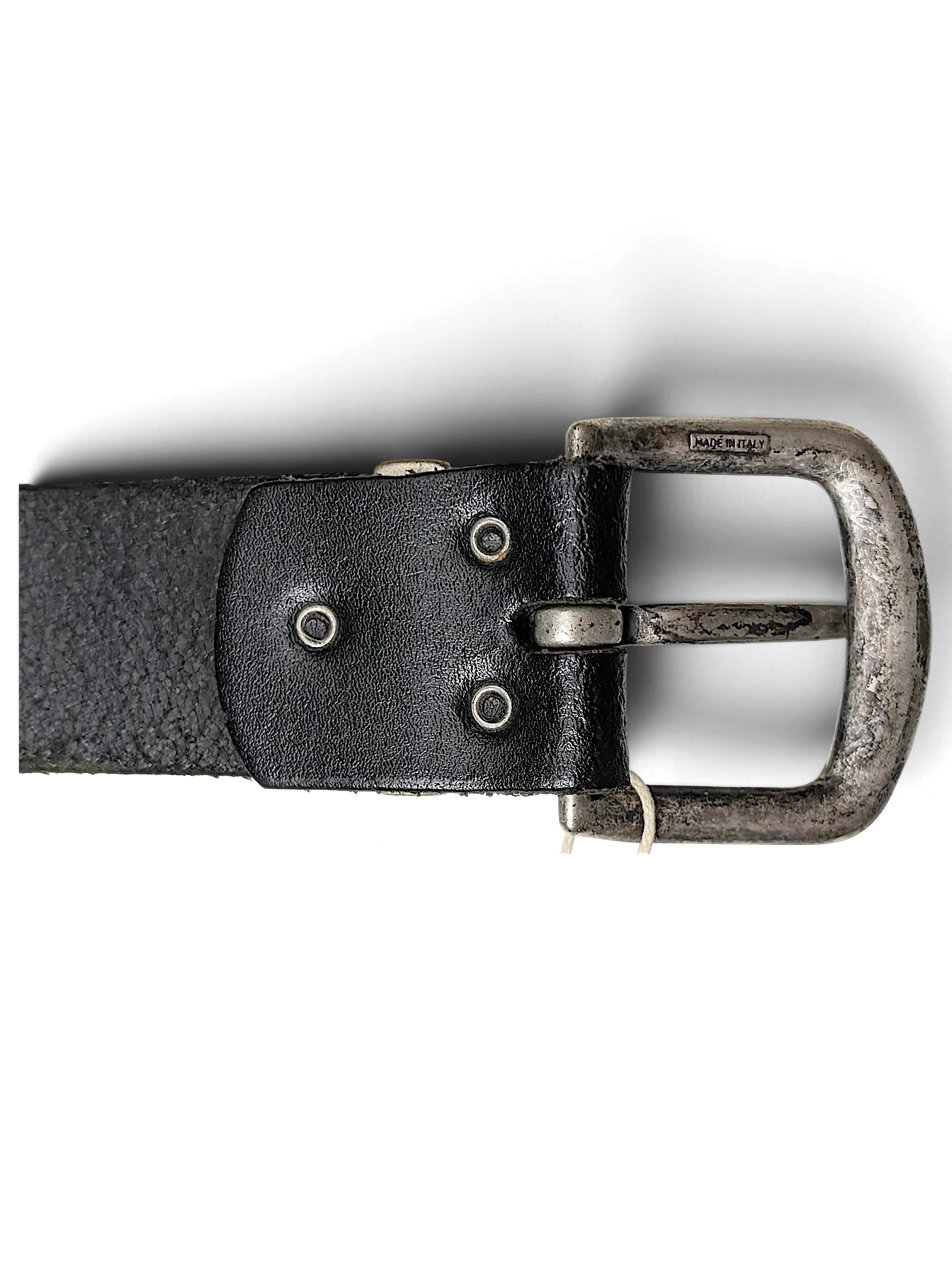 JAKE & IPI Bernd Götz black leather belt featuring a distressed silver-tone metal buckle with Made in Italy engraving.