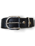 JAKE & IPI black leather belt featuring a silver buckle and decorative hole detailing
