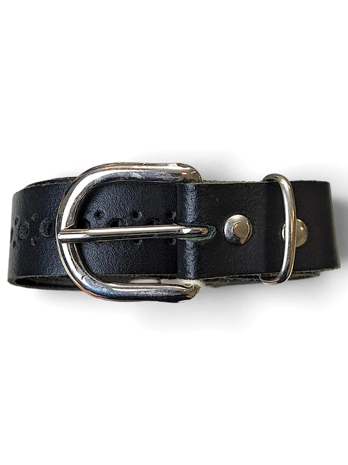 JAKE & IPI black leather belt featuring a silver buckle and decorative hole detailing