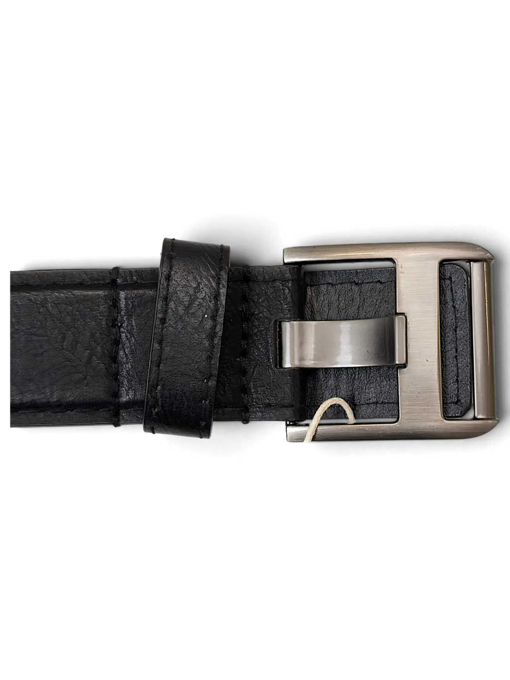 JAKE & IPI black leather belt featuring a brushed metal rectangular buckle and stitched edges