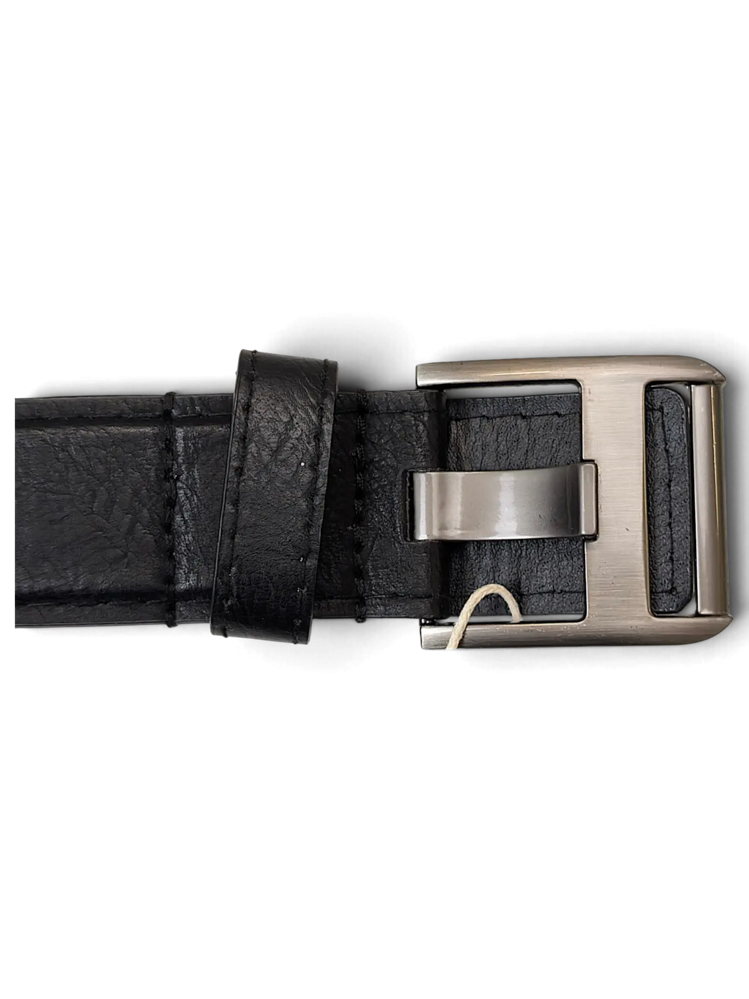 JAKE & IPI black leather belt featuring a brushed metal rectangular buckle and stitched edges
