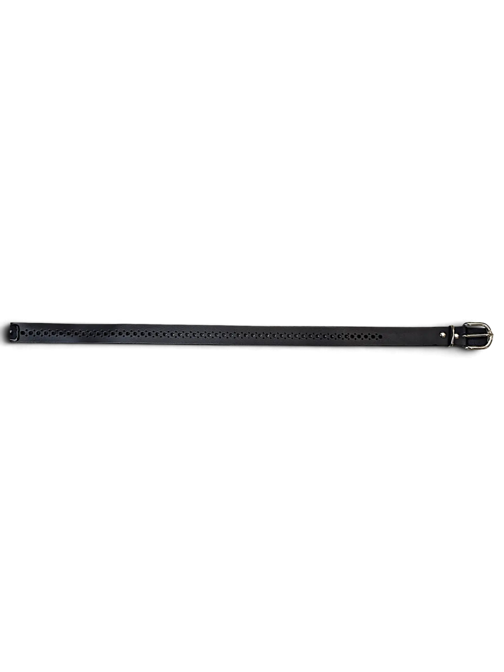 JAKE & IPI black leather belt featuring a continuous row of decorative circular cut-out holes and a silver buckle.