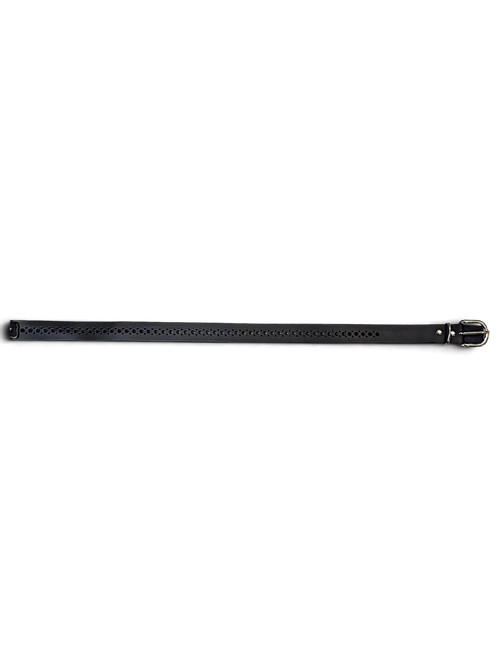 JAKE & IPI black leather belt featuring a continuous row of decorative circular cut-out holes and a silver buckle.