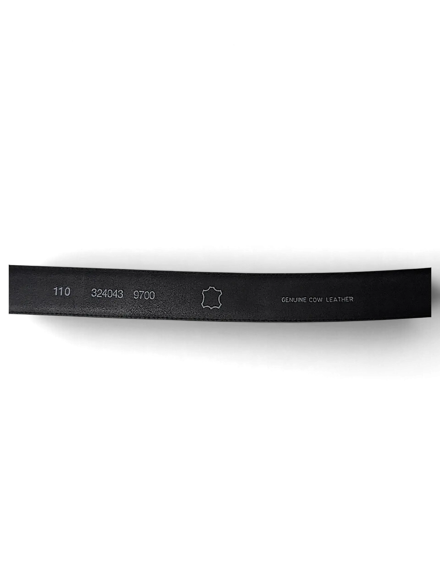 JAKE & IPI black genuine cow leather belt interior detail showing size 110 and product markings
