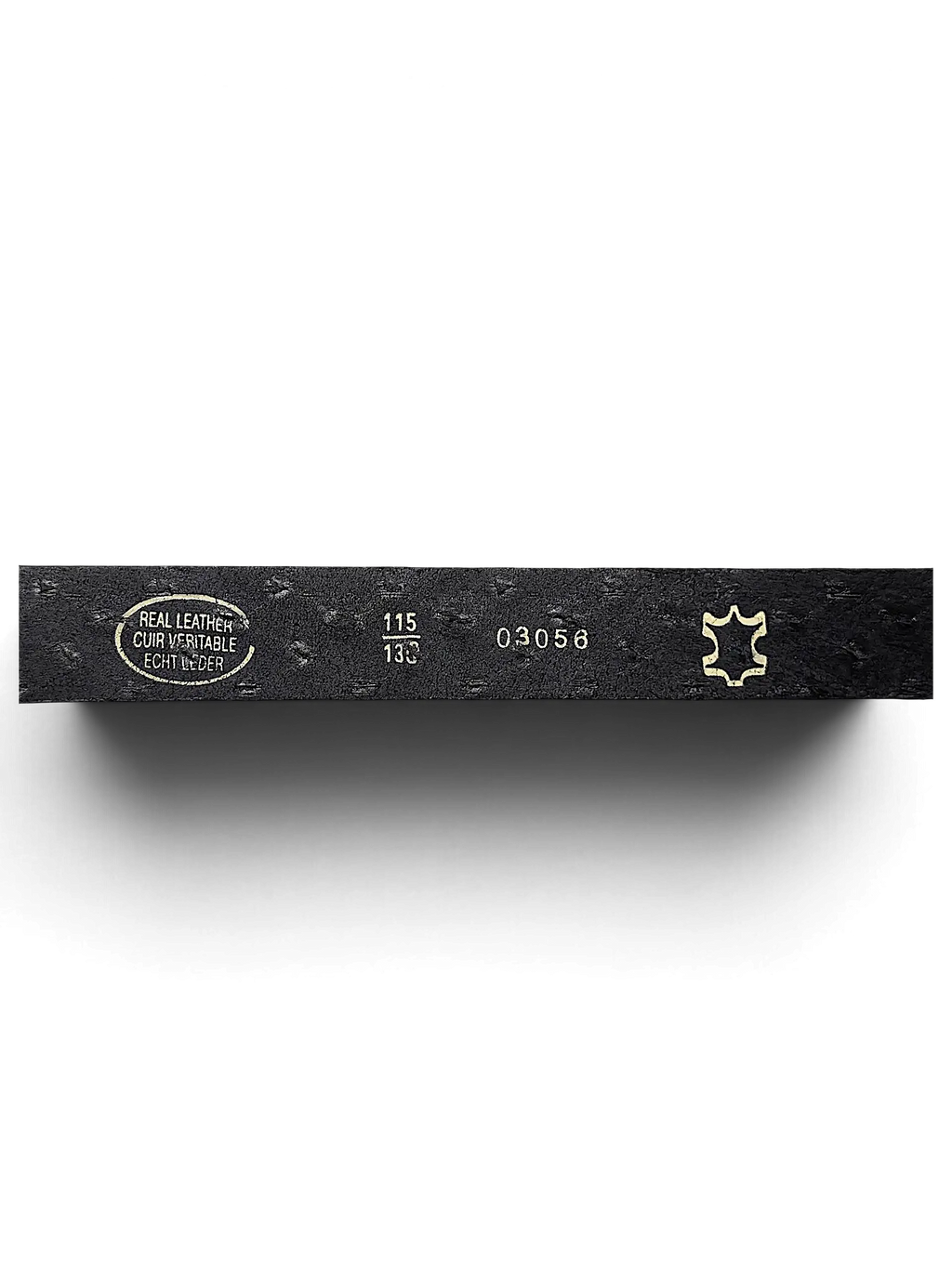 JAKE & IPI black leather belt interior showing real leather stamp, size 115, and product code 03056