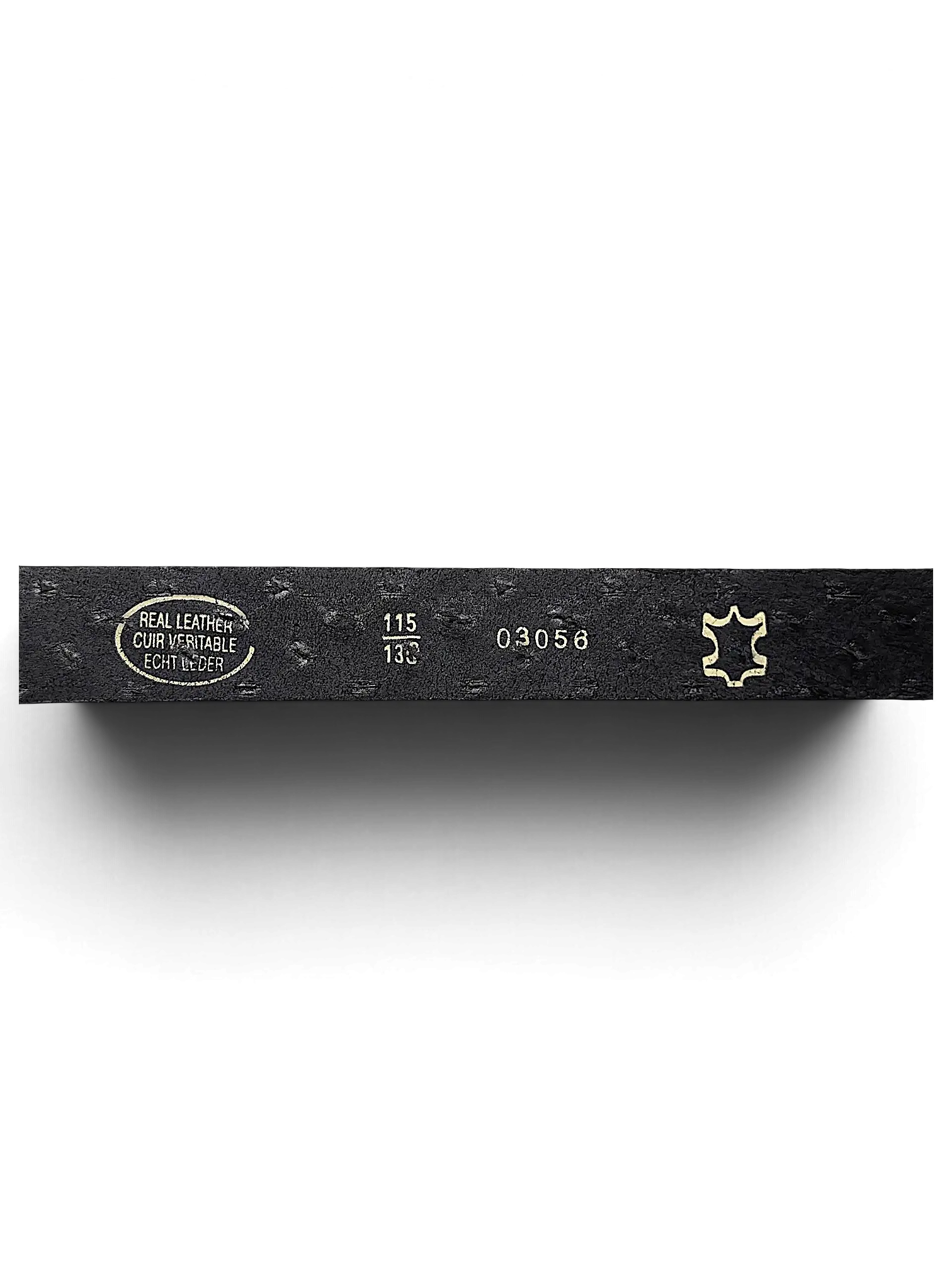 JAKE & IPI black leather belt interior showing real leather stamp, size 115, and product code 03056