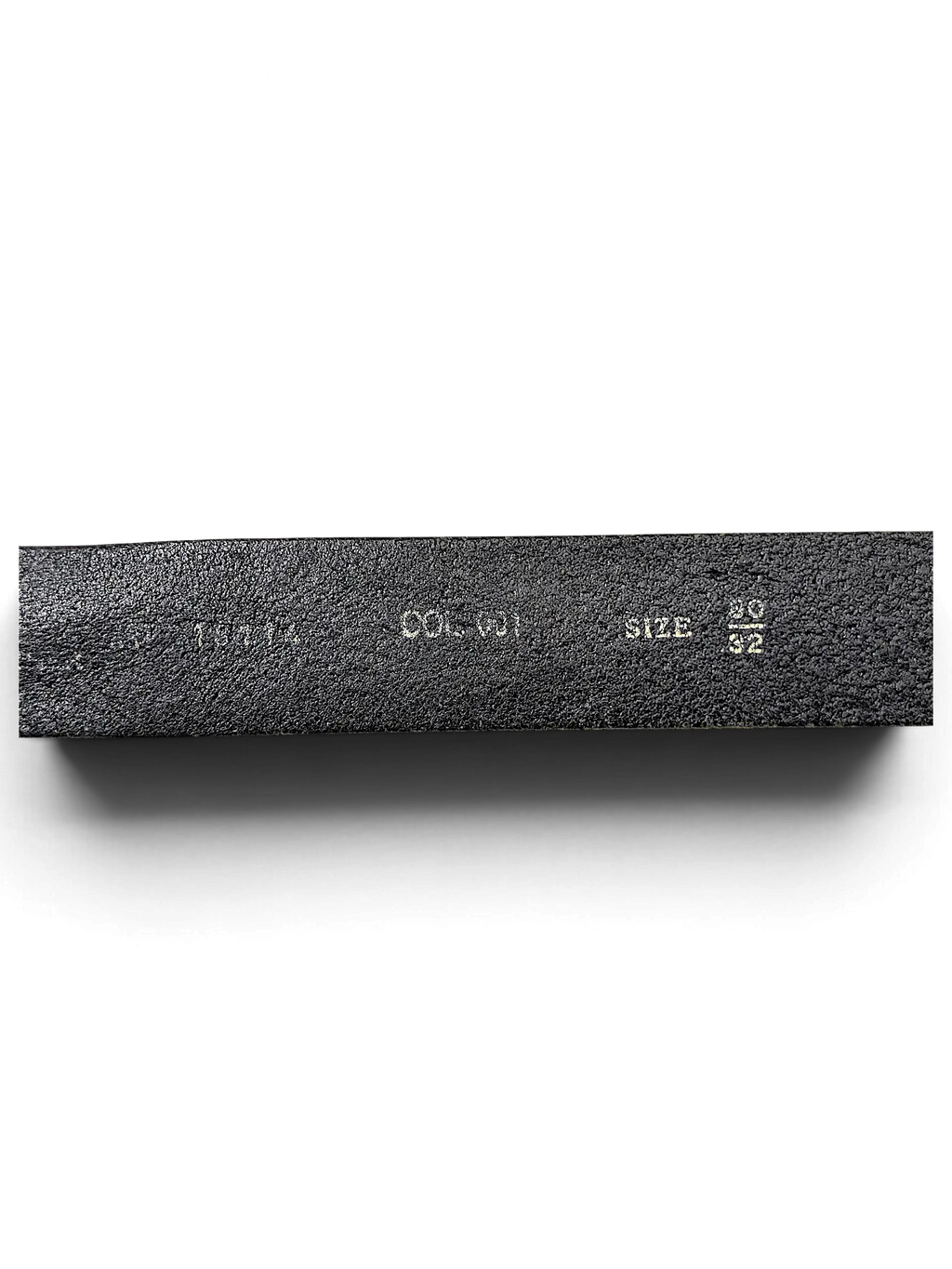 JAKE & IPI black leather belt interior showing size 80/32 and product details stamped on the material