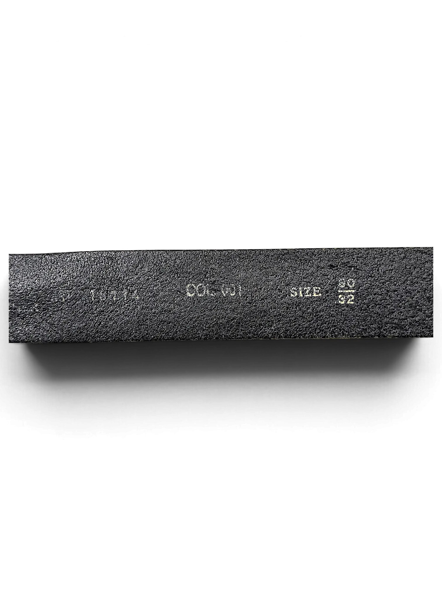 JAKE & IPI black leather belt interior showing size 80/32 and product details stamped on the material