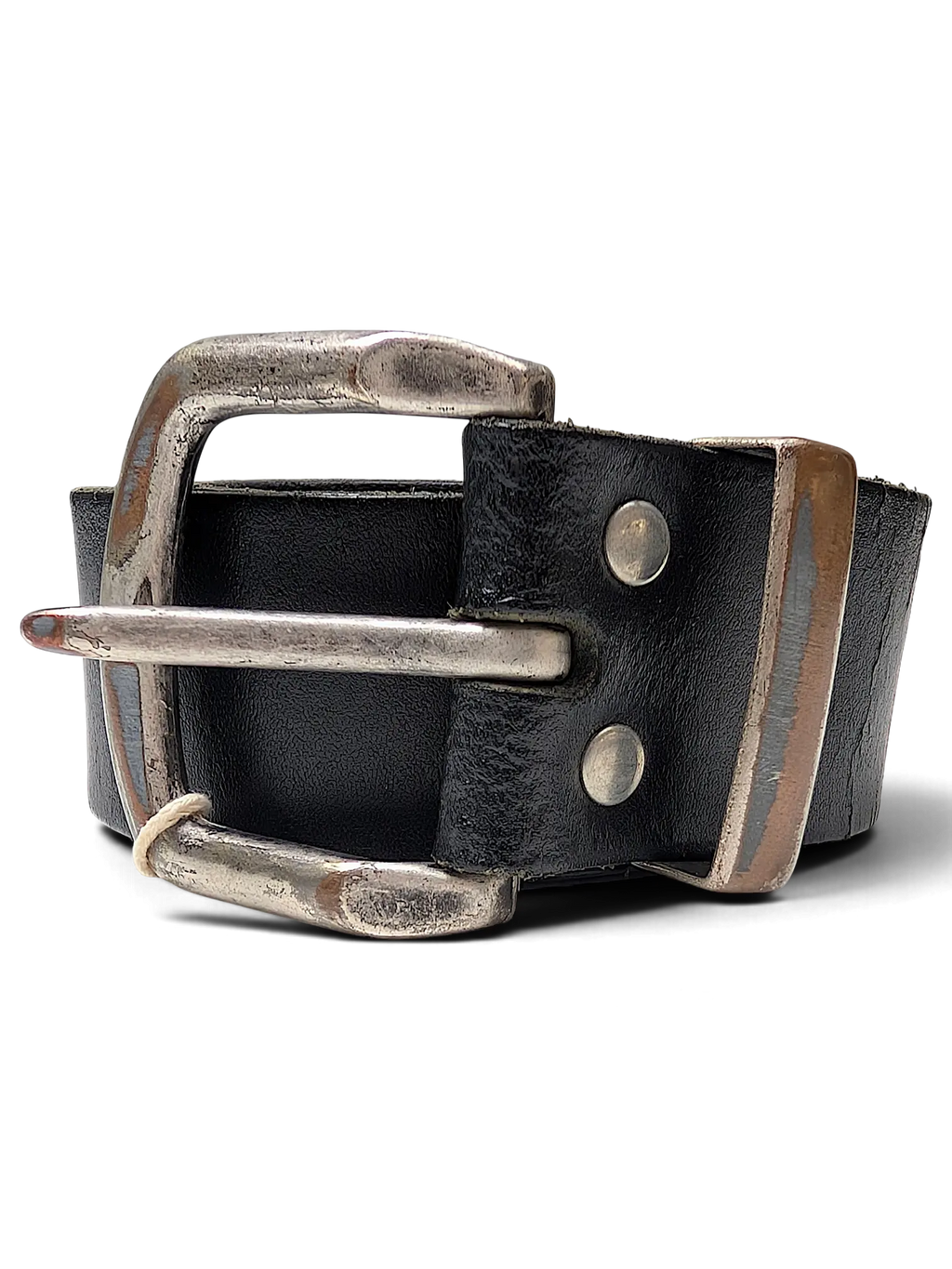 JAKE & IPI Bernd Götz black leather belt featuring a distressed silver-tone metal buckle and heavy-duty rivets.