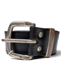 JAKE & IPI Bernd Götz black leather belt featuring a distressed silver-tone metal buckle and heavy-duty rivets.