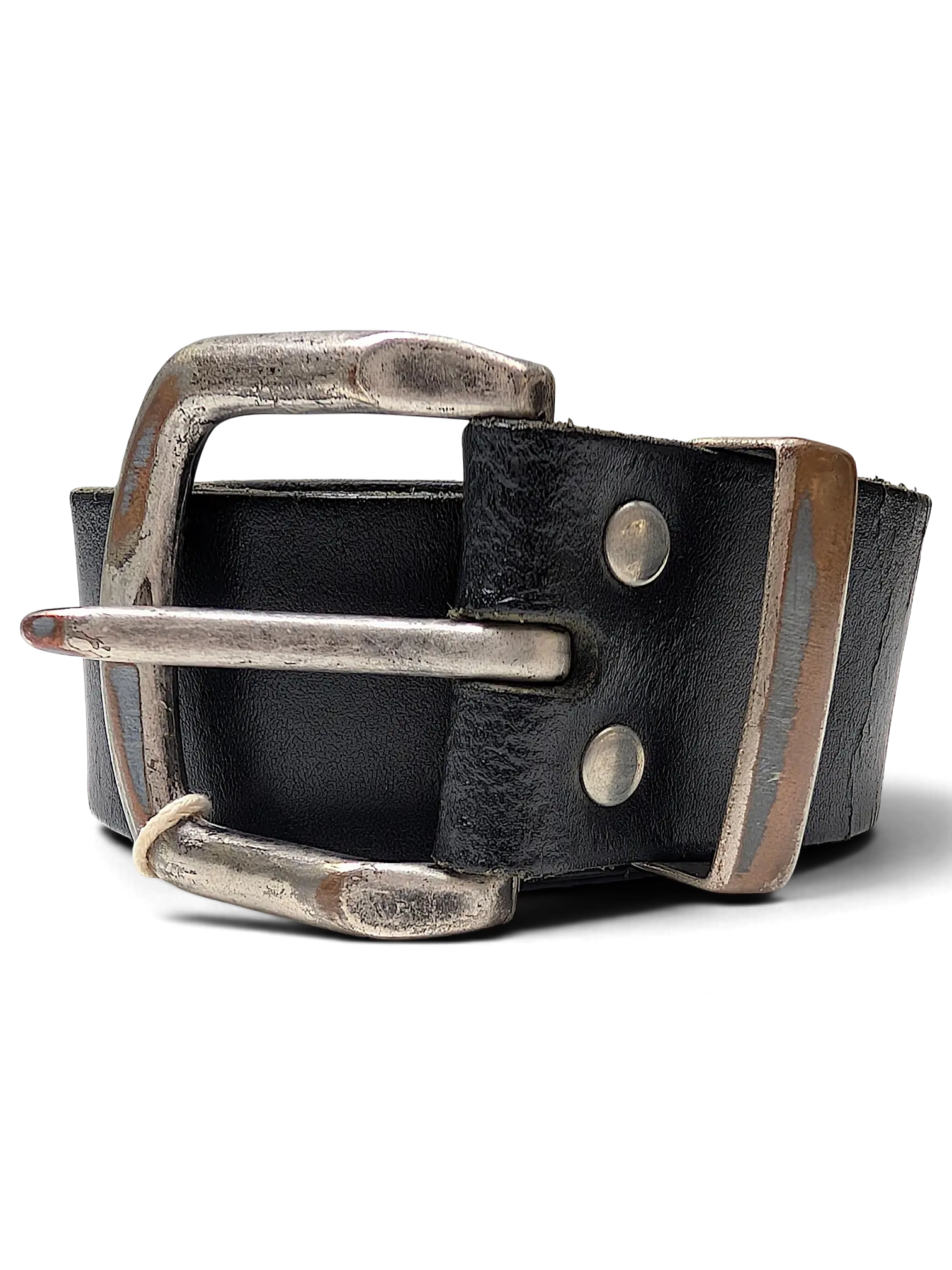 JAKE & IPI Bernd Götz black leather belt featuring a distressed silver-tone metal buckle and heavy-duty rivets.