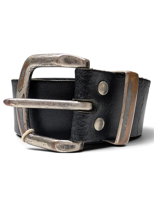 JAKE & IPI Bernd Götz black leather belt featuring a distressed silver-tone metal buckle and heavy-duty rivets.