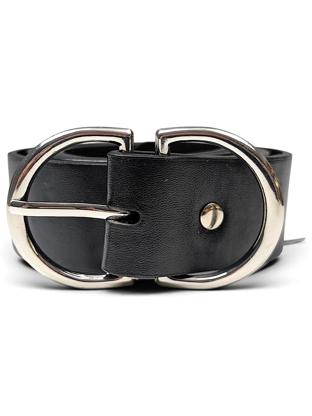 JAKE & IPI black leather belt featuring a distinctive large silver-tone double D-ring buckle on a white background