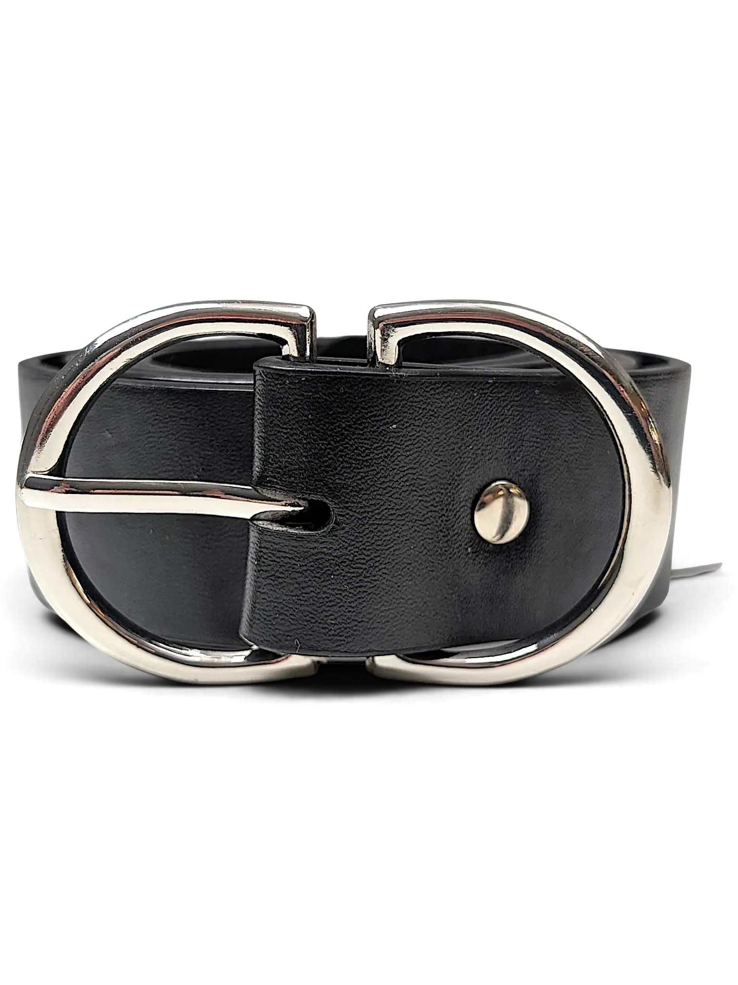 JAKE & IPI black leather belt featuring a distinctive large silver-tone double D-ring buckle on a white background