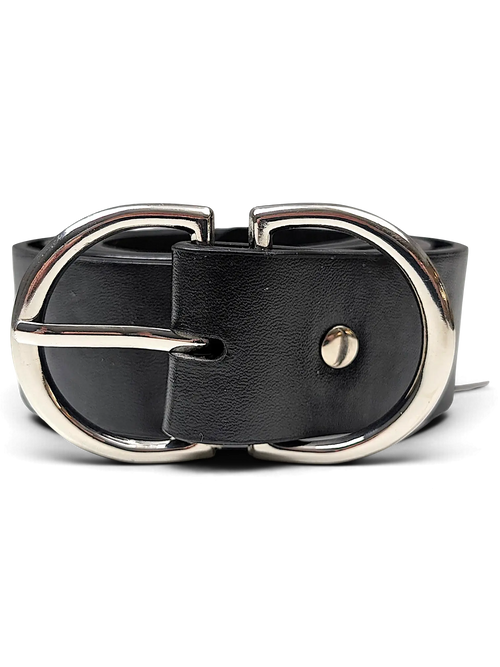 JAKE & IPI black leather belt featuring a distinctive large silver-tone double D-ring buckle on a white background