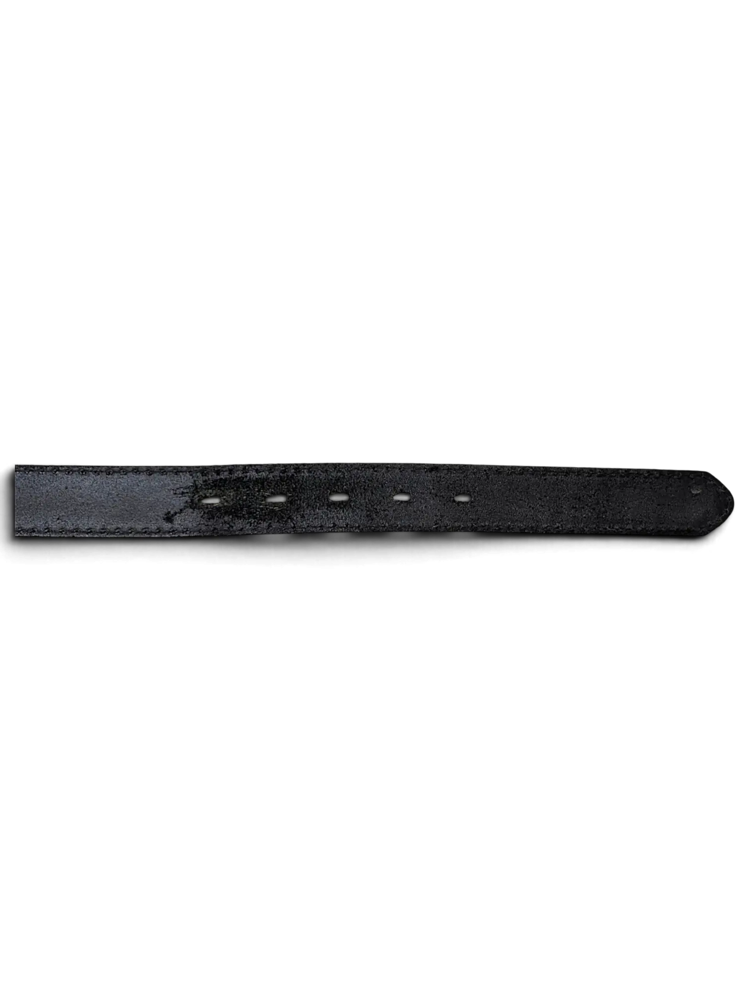 JAKE & IPI Apis black leather belt showing the adjustment holes and tapered end on a white background